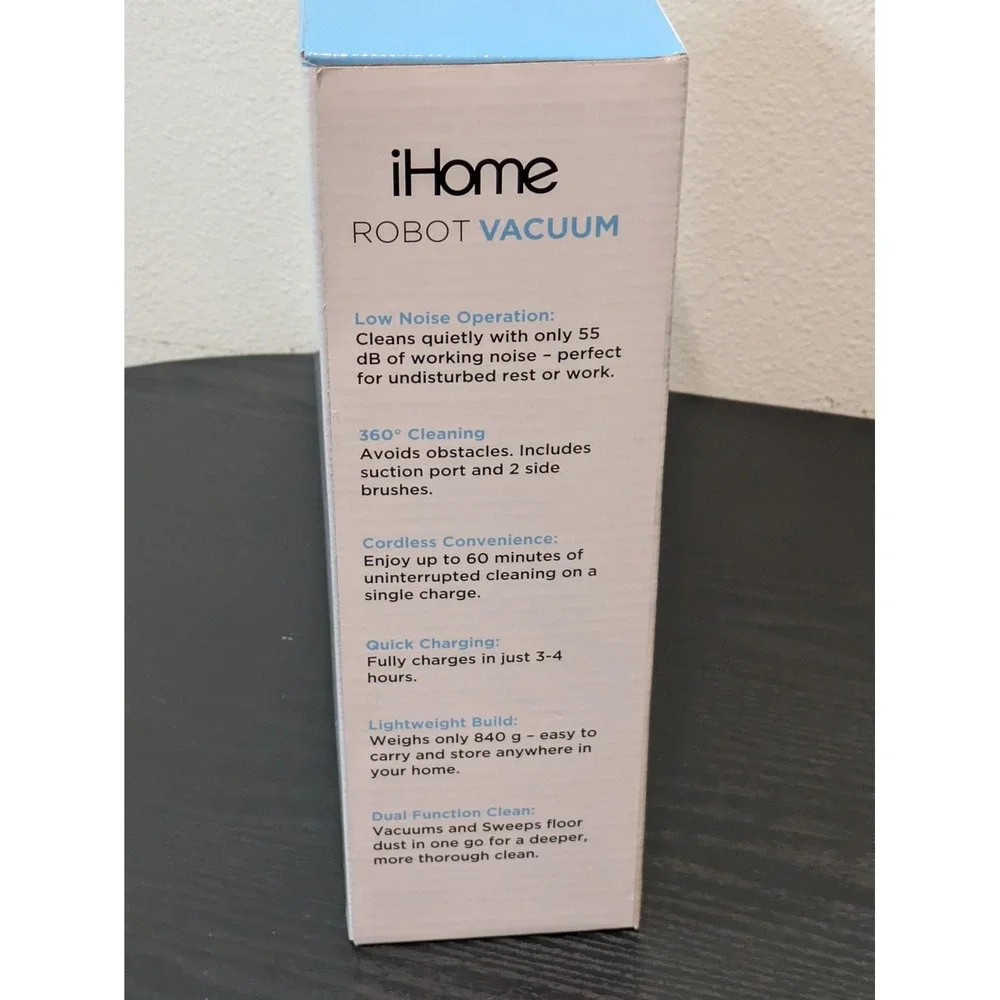 IHome Robot Vacuum White Cordless 60 Min Battery Quiet Compact IHRV50-WHT New